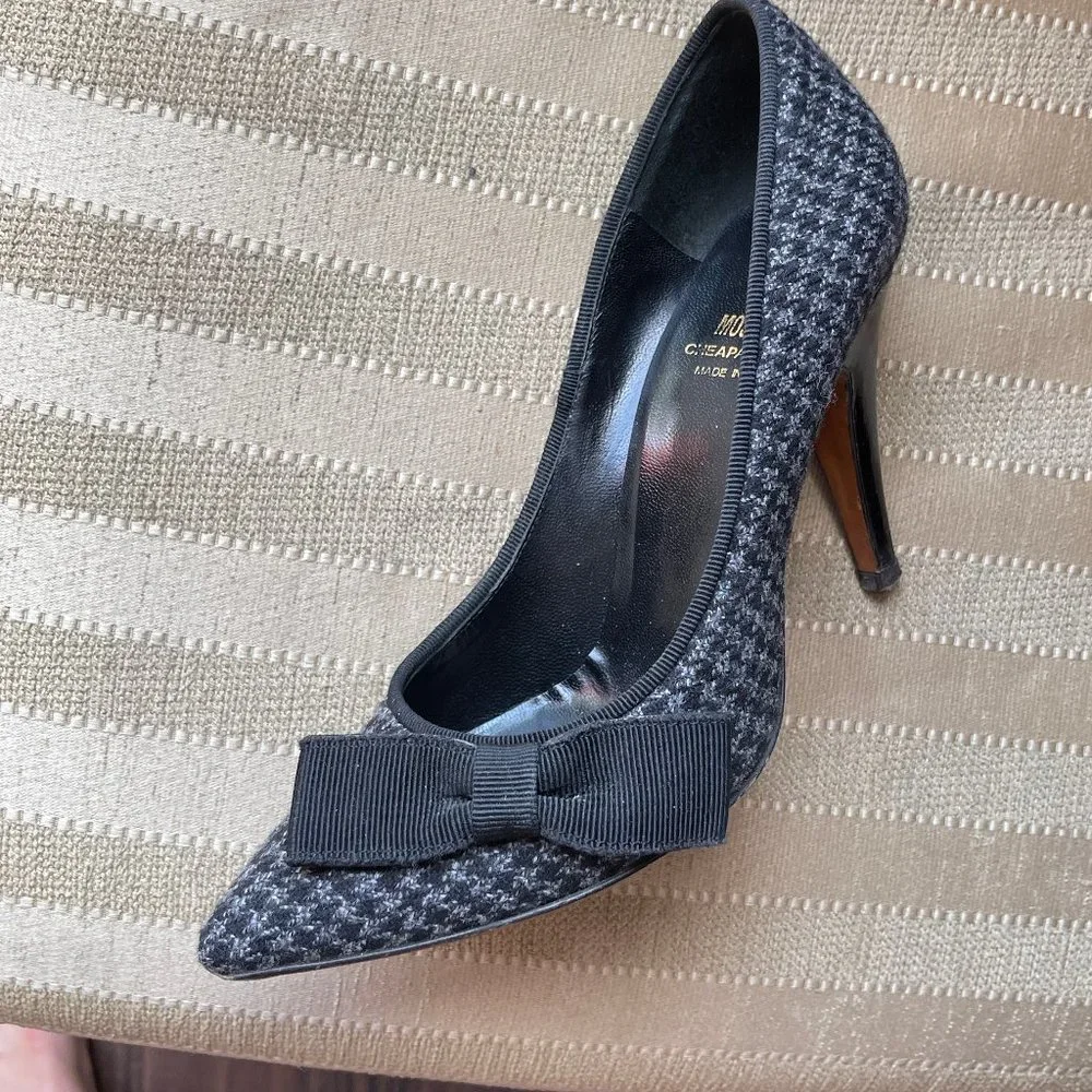 Moschino Gray Plaid Fabric Leather Bow Pumps
